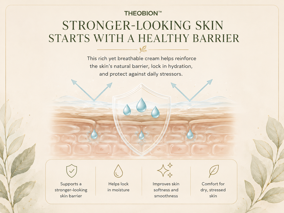 Theobion Stronger-Looking Skin Starts With a Healthy Barrier infographic on a warm cream background, featuring text, a skin barrier illustration with water droplets, and four benefit callouts.