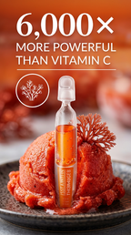 Vitamin supplement bottle on a red fruit background with text claiming it's 6,000 times more powerful than vitamin C.