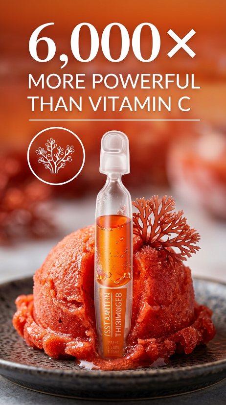 Vitamin supplement bottle on a red fruit background with text claiming it's 6,000 times more powerful than vitamin C.