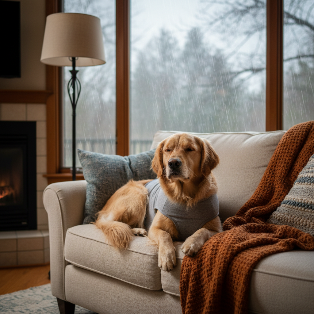 Calm golden retriever wearing gray anxiety compression vest relaxing on couch during rainstorm