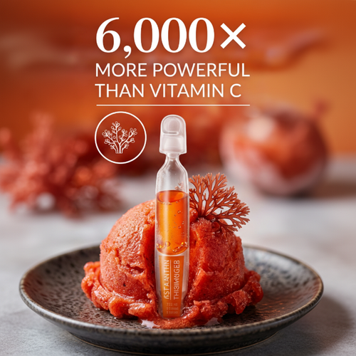 Astaxanthin ampoule vial 6000x more powerful than Vitamin C infographic with red algae on dark background