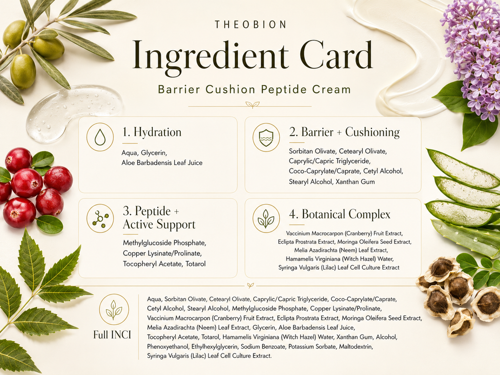 THEOBION Barrier Cushion Peptide Cream ingredient card showing four formula groups: Hydration, Barrier + Cushioning, Peptide + Active Support, and Botanical Complex, with full INCI list