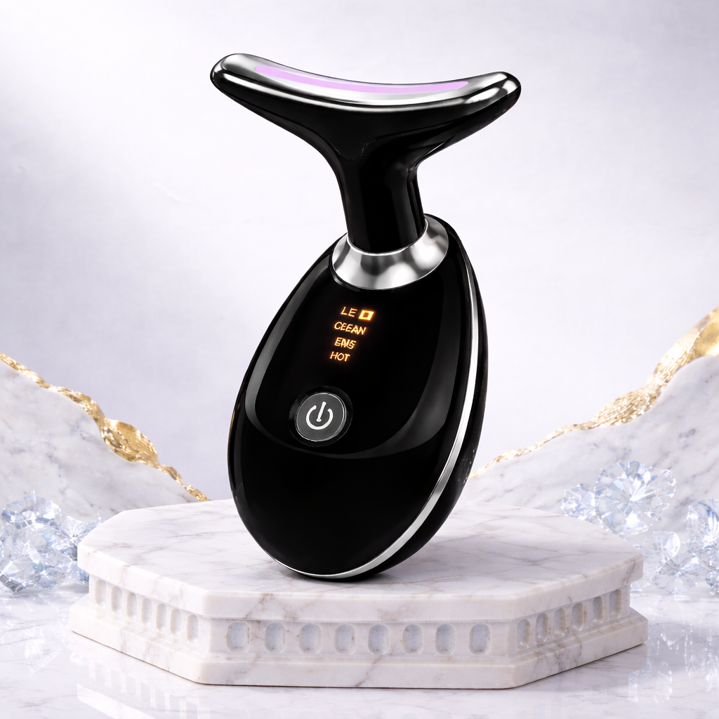 Black handheld device with digital display on a marble base