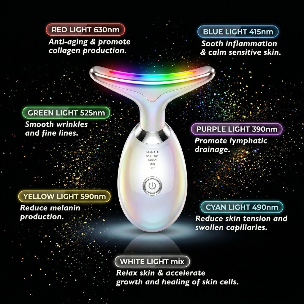 Skin care device with colorful lights and text explaining light types and their benefits on a space-themed background.