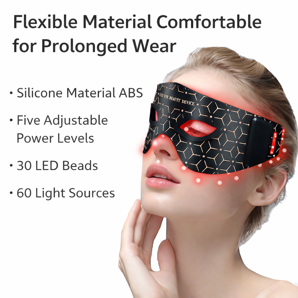 Woman wearing a red light therapy mask with text highlighting features on a white background