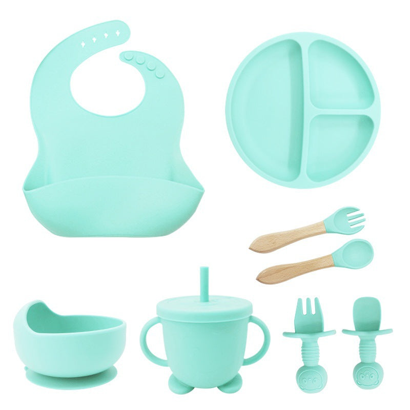 Baby Feeding Set - 8-Piece Silicone Suction Plate, Bowl, Utensils & Bib