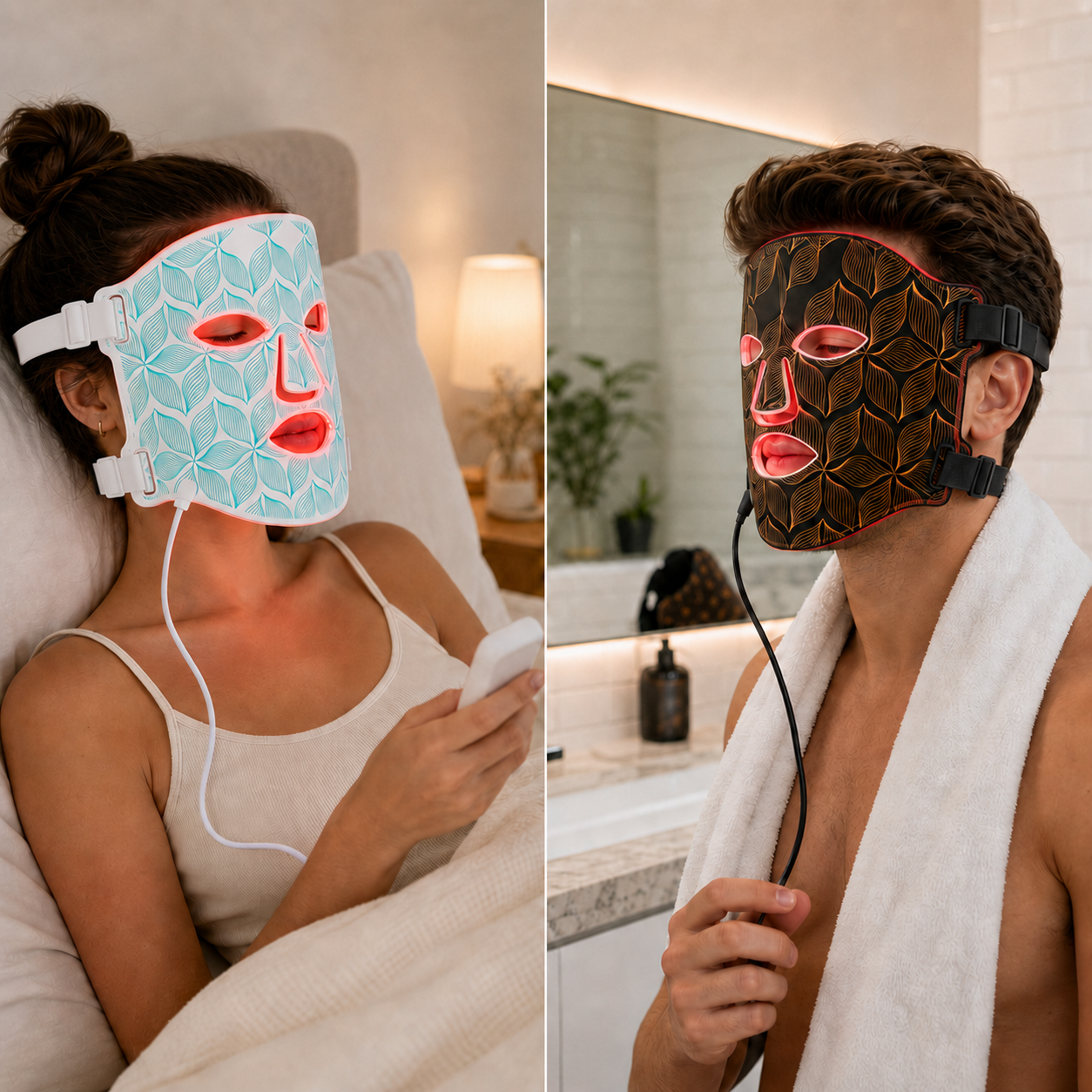 Two people using LED face masks, one in a bedroom and the other in a bathroom.