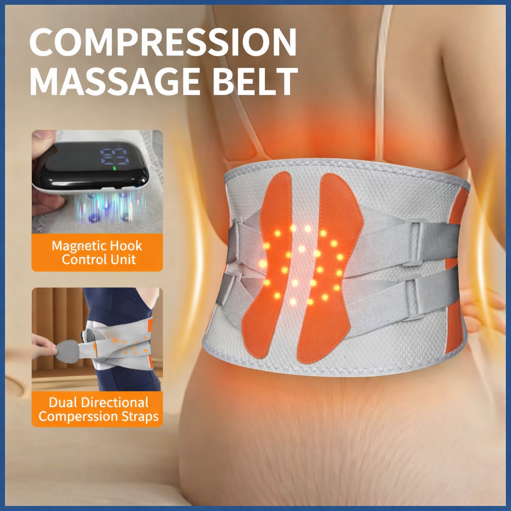 Compression massage belt with magnetic hook control unit and dual directional compression straps on a person's back.