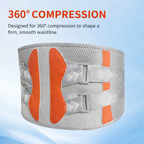 Gray and orange compression belt with text on a light blue background