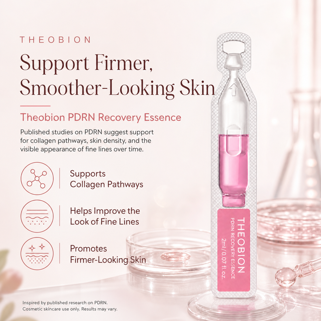 Theobion PDRN Recovery Essence bottle with packaging on a light pink background with benefits-support collagen pathway, helps improve the look of fine lines, promotes firmer looking skin