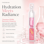 Theobion PDRN Recovery Essence packaging with pink liquid on a light pink background highlighting the benefit-supports dewy hydration, enhances visible glow, Helps retain moisturizer