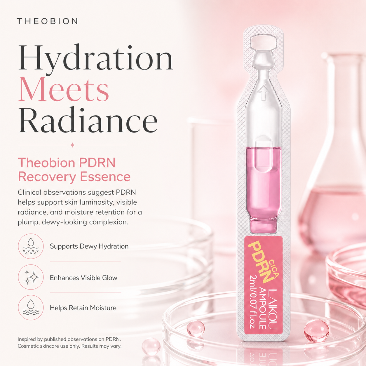 Theobion PDRN Recovery Essence packaging with pink liquid on a light pink background highlighting the benefit-supports dewy hydration, enhances visible glow, Helps retain moisturizer