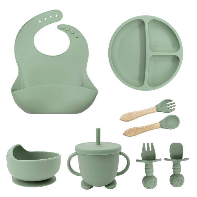 Baby Feeding Set - 8-Piece Silicone Suction Plate, Bowl, Utensils & Bib