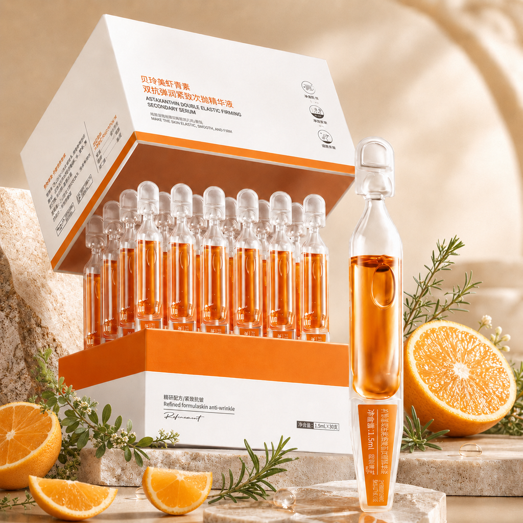 Packaging of skincare ampoules with oranges and herbs on a neutral background