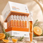 Packaging of skincare ampoules with oranges and herbs on a neutral background