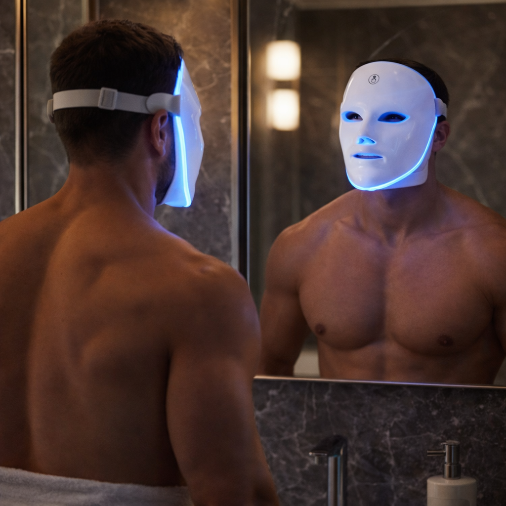 Man wearing a LED face mask in front of a mirror in a bathroom.