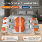 Back brace with vibration, heat, support, and compression features on a blurred bedroom background.