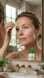 Woman applying skincare product in front of a mirror with a bottle of skincare serum displayed.