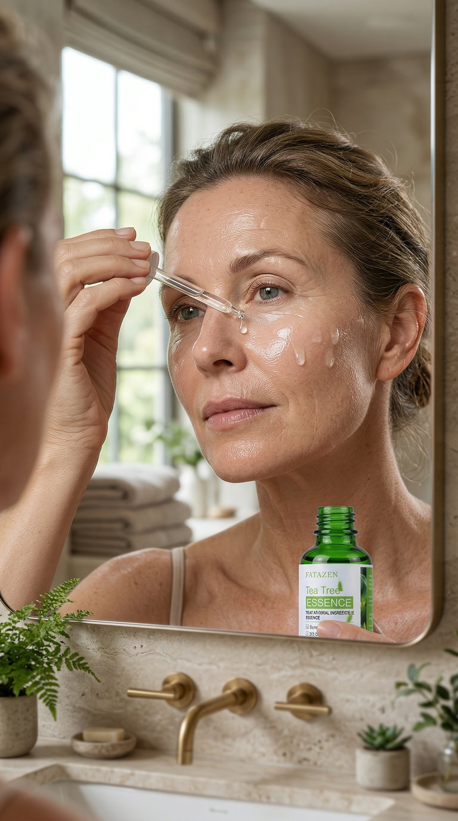 Woman applying skincare product in front of a mirror with a bottle of skincare serum displayed.