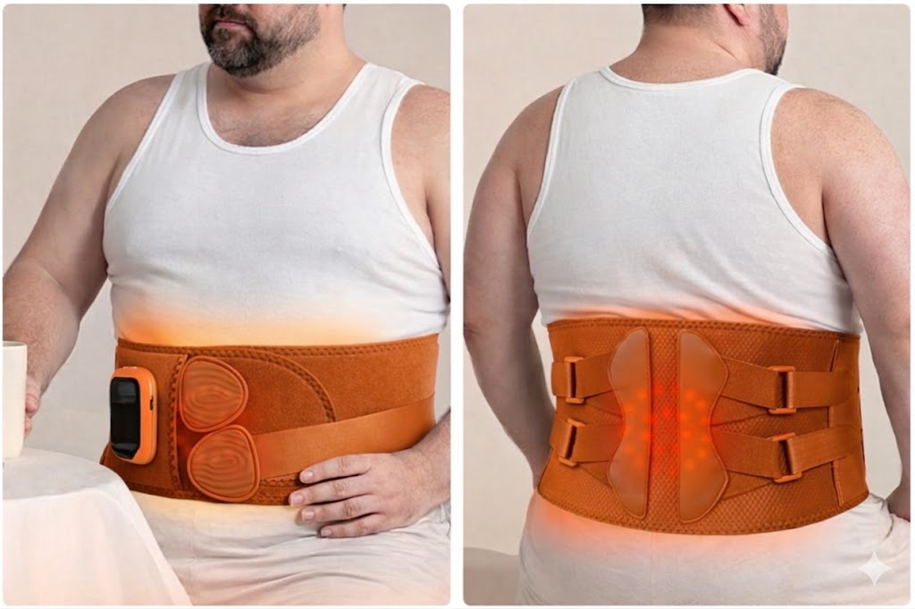 Orange back brace worn by a person from front and back views.