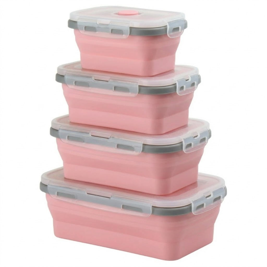 Set of pink collapsible containers with gray lids on a white background
