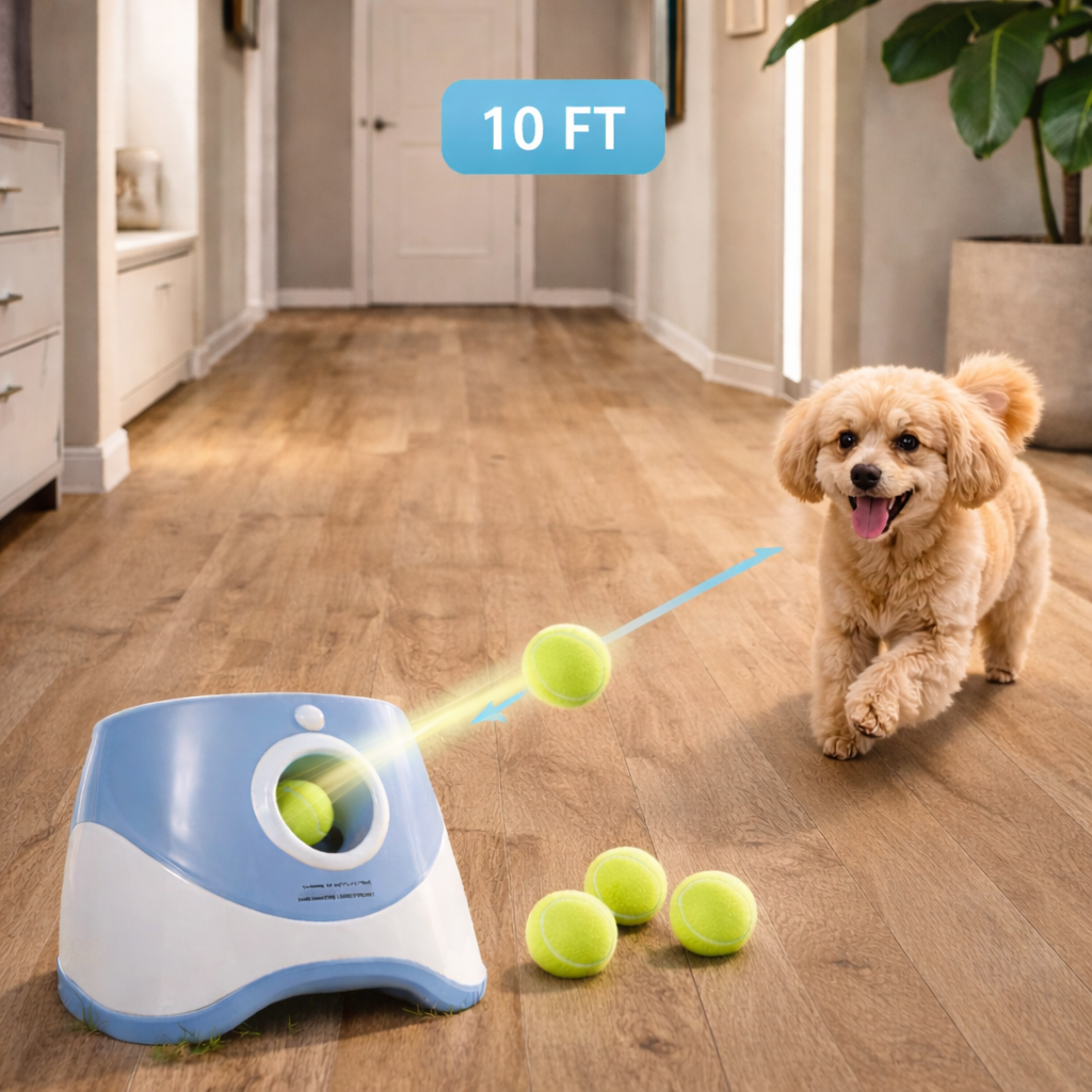 Dog playing with a toy that throws tennis balls in a home setting
