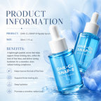 GHK-Cu SNAP-8 Peptide Serum bottles with product information text on a blue floral background