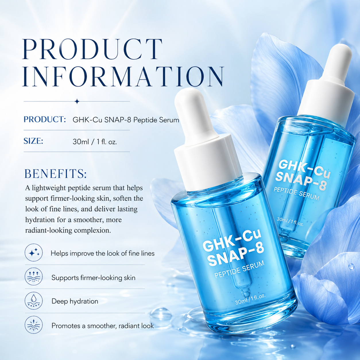 GHK-Cu SNAP-8 Peptide Serum bottles with product information text on a blue floral background