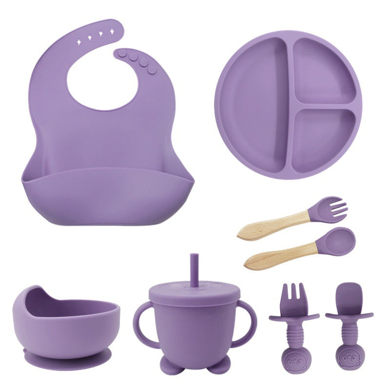 Baby Feeding Set - 8-Piece Silicone Suction Plate, Bowl, Utensils & Bib