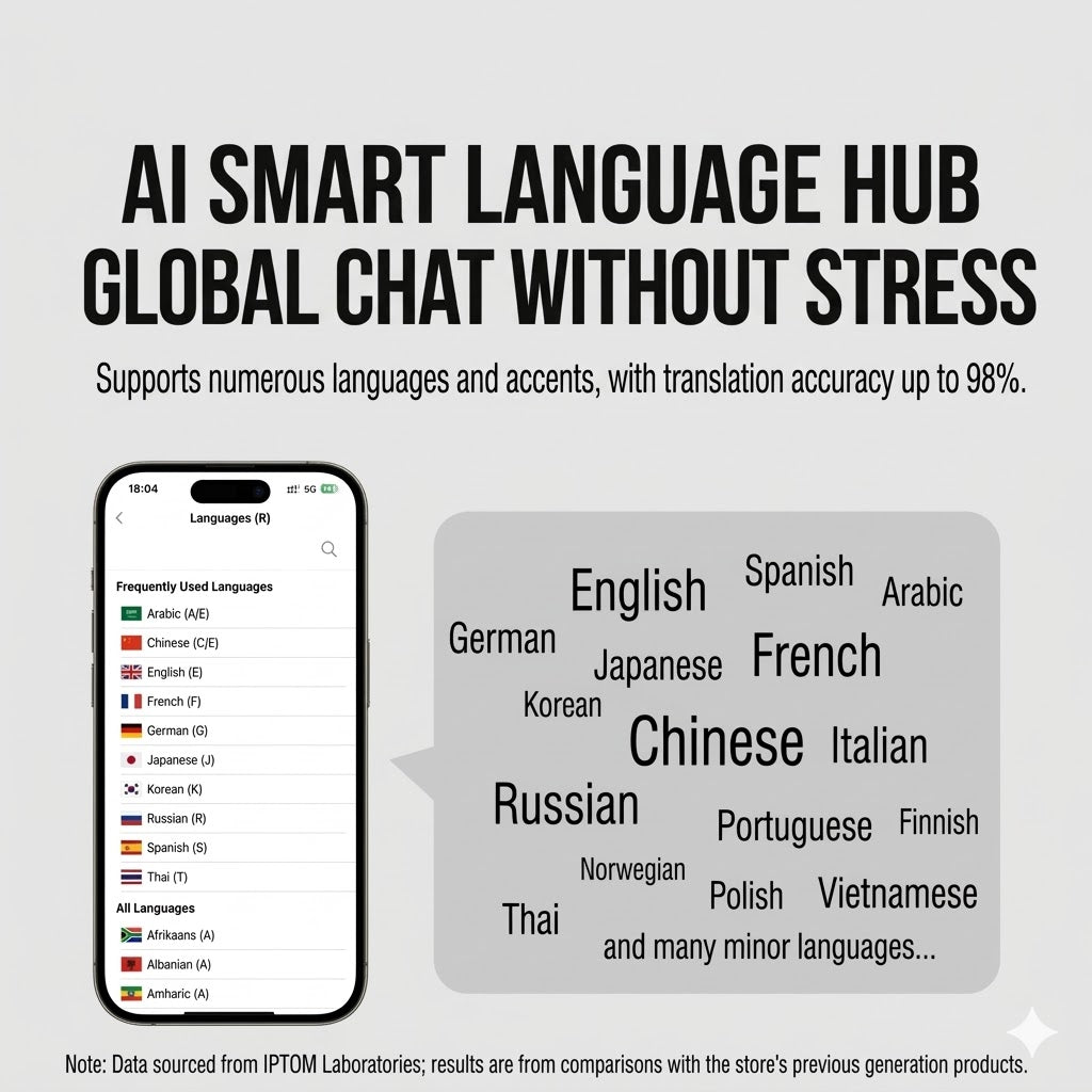 Advertisement for AI smart language hub with smartphone and list of supported languages.