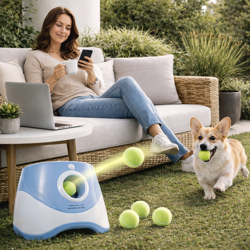 Woman sitting on a couch with a laptop, holding a mug, and a dog playing with a tennis ball near a device投放球
