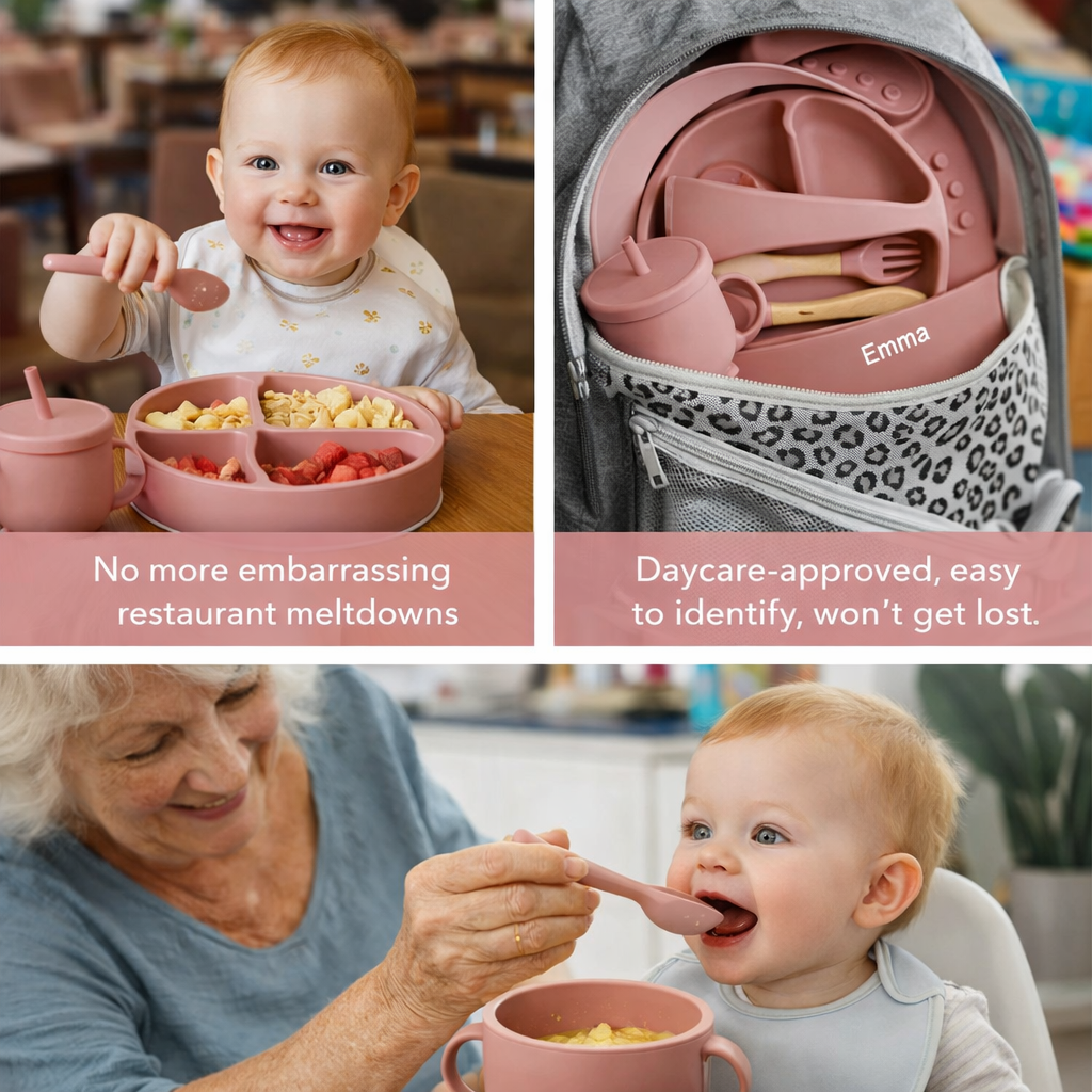 Baby eating with pink utensils and containers, showing ease of use and daycare approval.