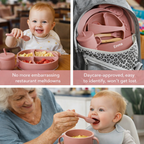 Baby eating with pink utensils and containers, showing ease of use and daycare approval.