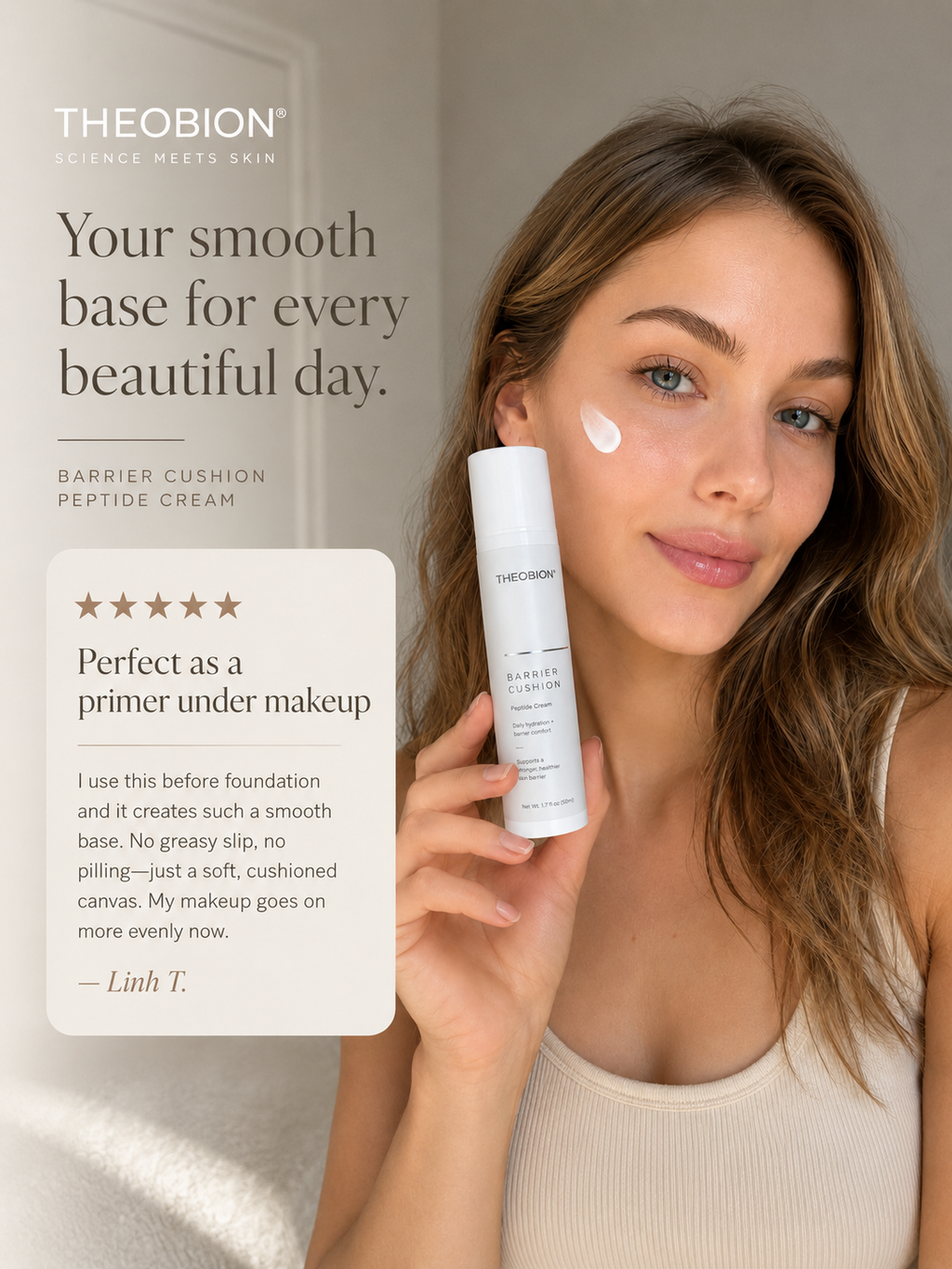 A woman holds a white bottle of THEOBION Barrier Cushion Peptide Cream while applying a white cream dot to her cheek. The image features a clean beige background, promotional text on the left, and a customer review card.