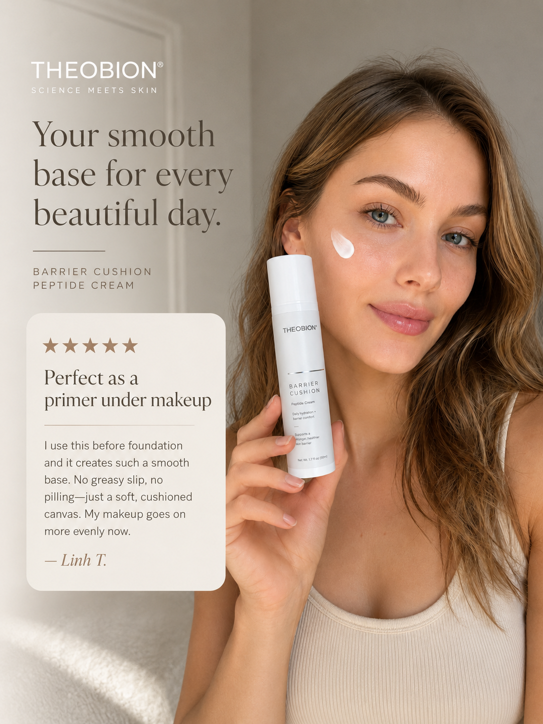 A woman holds a white bottle of THEOBION Barrier Cushion Peptide Cream while applying a white cream dot to her cheek. The image features a clean beige background, promotional text on the left, and a customer review card.
