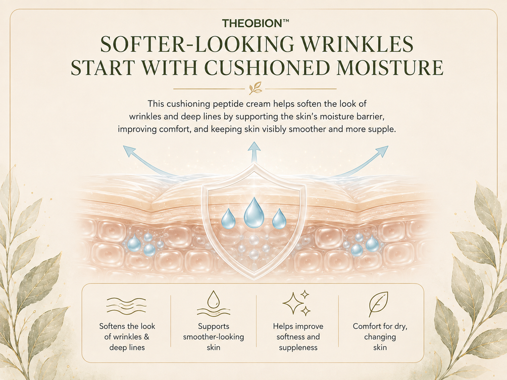 Theobion skincare infographic promoting a cushioning peptide cream. The graphic features a beige background with leafy borders, a central illustration of a shield protecting layered skin with water droplets, and text detailing how the cream softens wrinkles and improves skin moisture and suppleness.