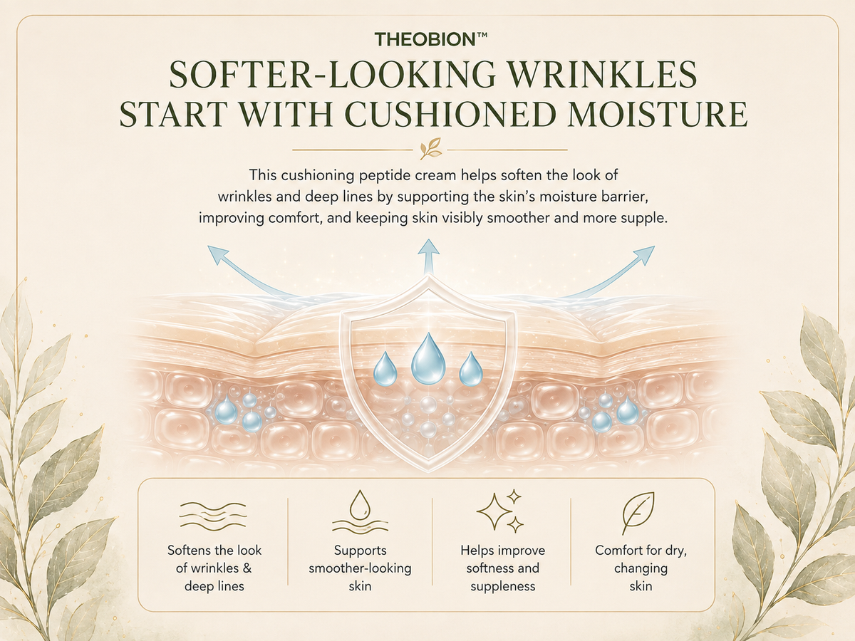Theobion skincare infographic promoting a cushioning peptide cream. The graphic features a beige background with leafy borders, a central illustration of a shield protecting layered skin with water droplets, and text detailing how the cream softens wrinkles and improves skin moisture and suppleness.