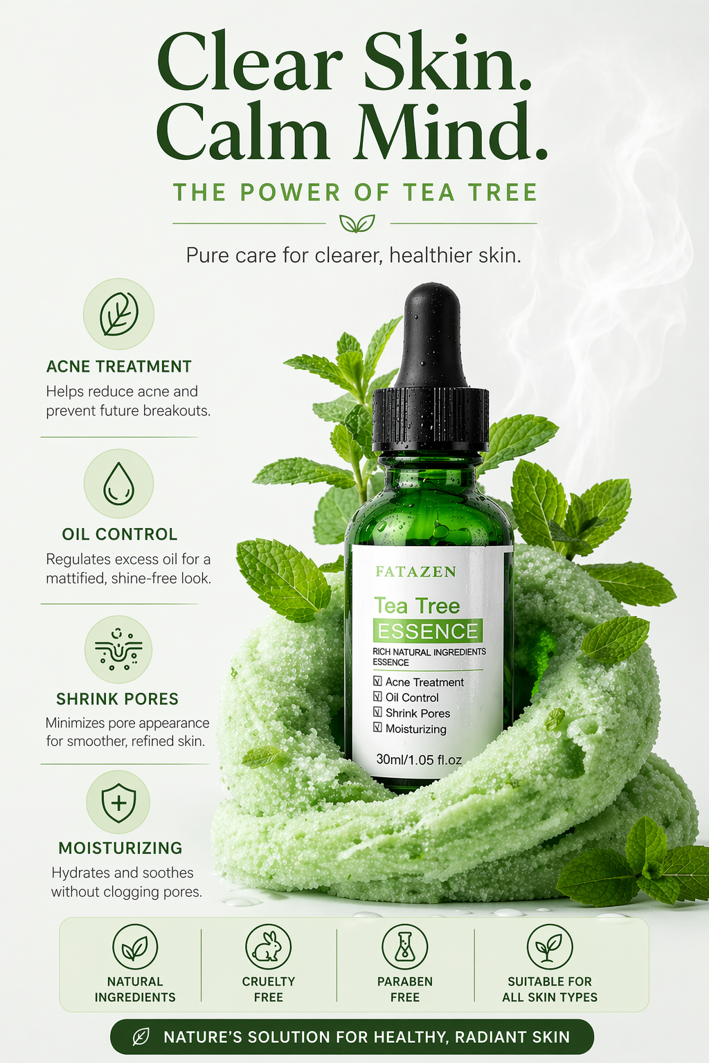 Tea tree essence bottle with greenery on a white background, featuring text about skin benefits.