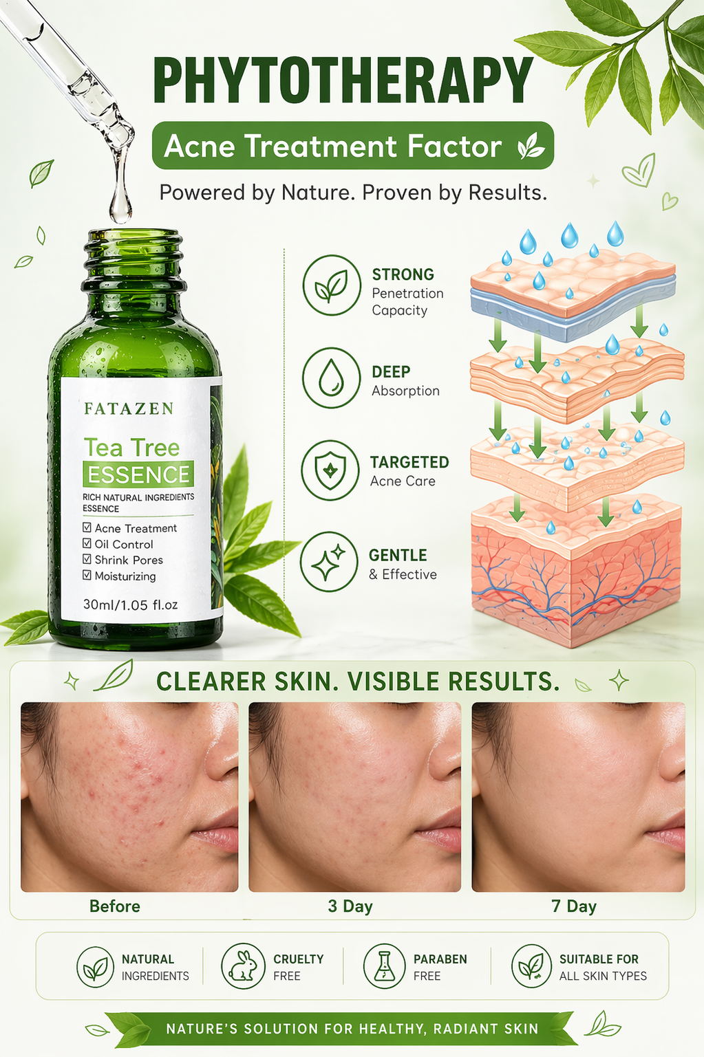 Fatazen Tea Tree Essence bottle with acnes treatment factor description and before-and-after effects on skin.