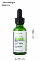Green bottle of Fatazen Tea Tree Essence with dropper on a white background