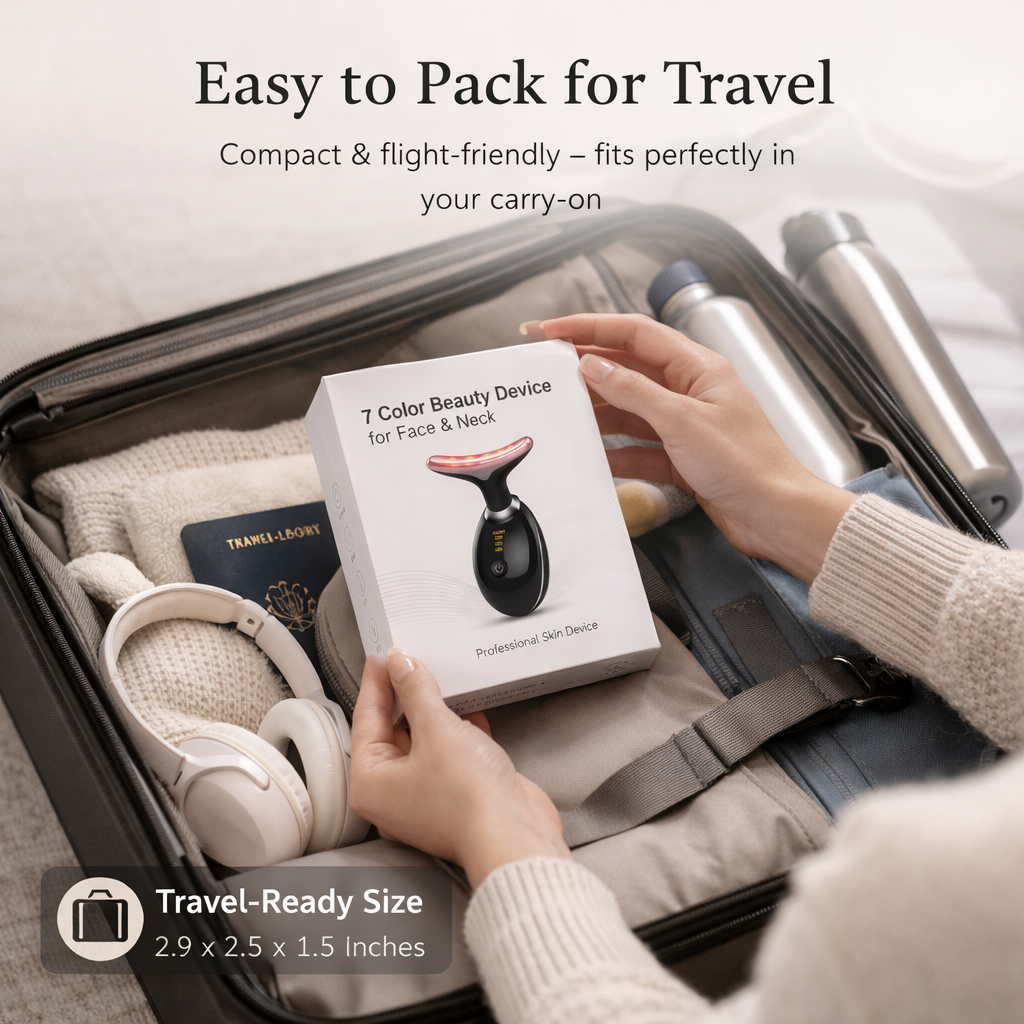 Person holding a 7-color beauty device box in an open suitcase with travel items.