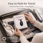 Person holding a 7-color beauty device box in an open suitcase with travel items.