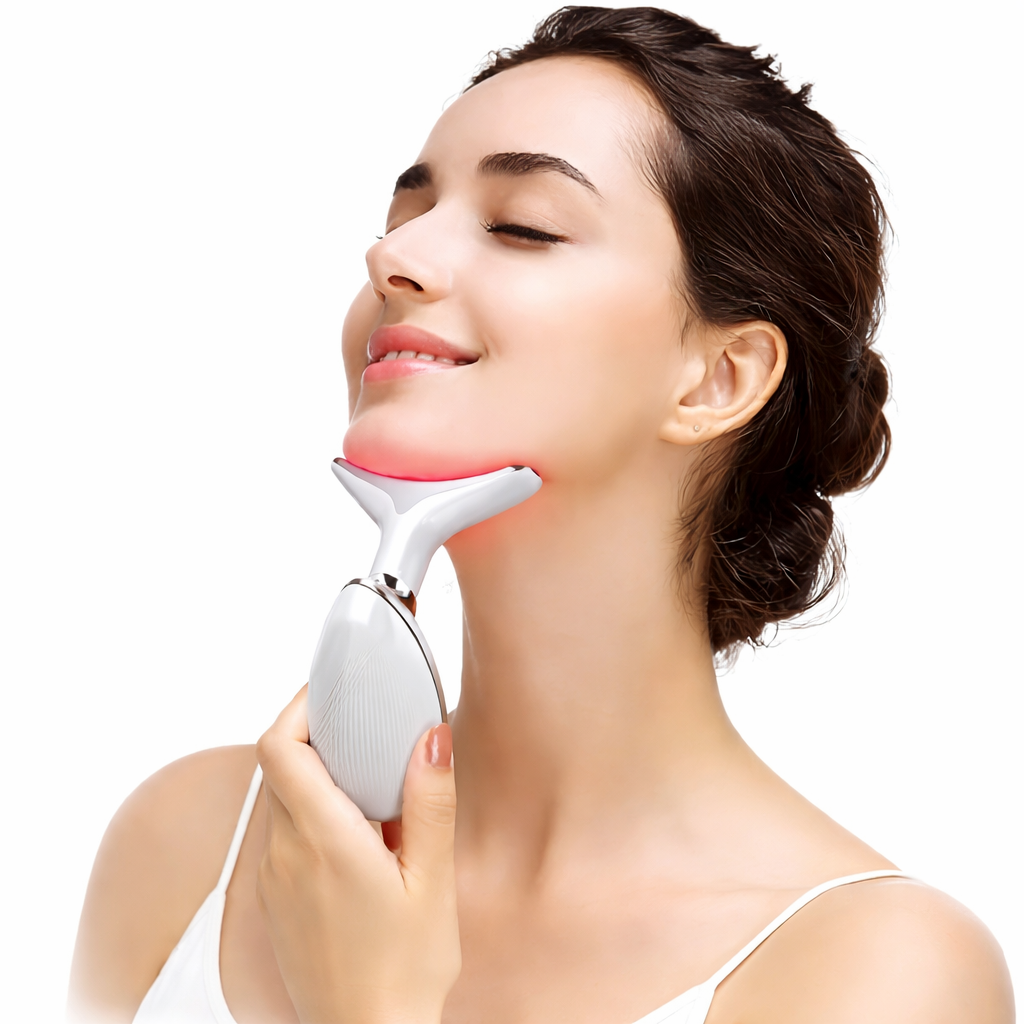 Woman using a facial device on her neck with a white background