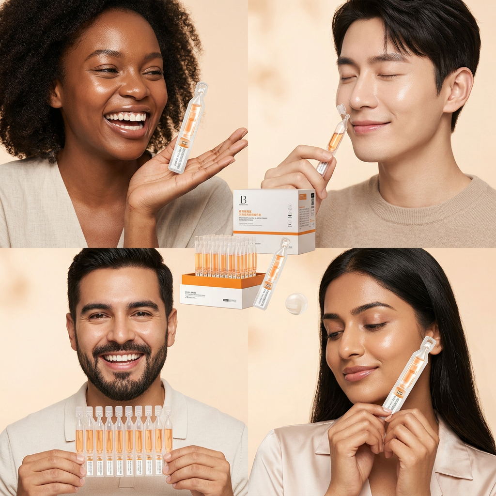Four people using a skincare product with packaging on a beige background