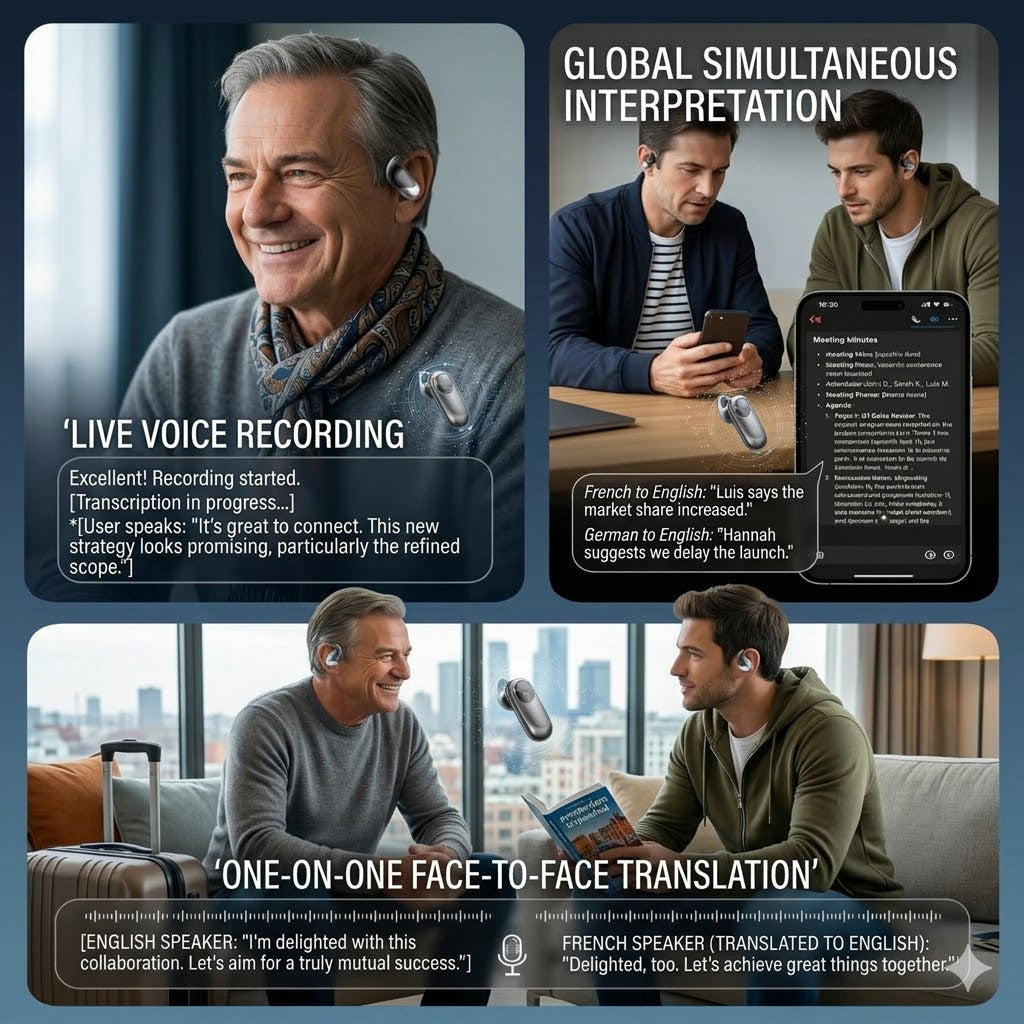 Collage of a man using a translation device with text on global simultaneous interpretation and one-on-one face-to-face translation.