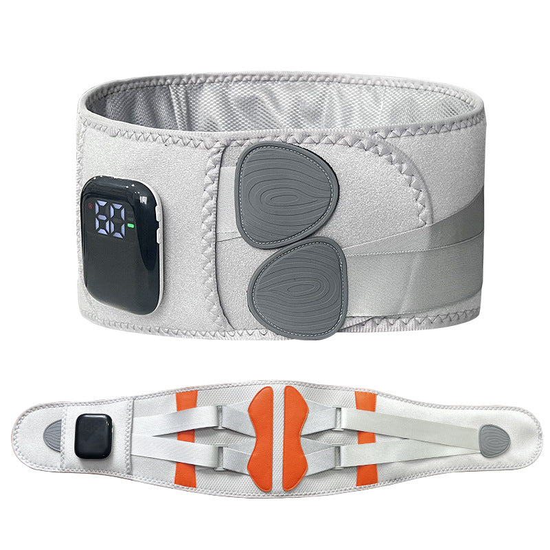 Gray and white electronic belt with digital display on a white background