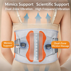 Back support belt with dual-zone vibration and high frequency vibration features on a neutral background.