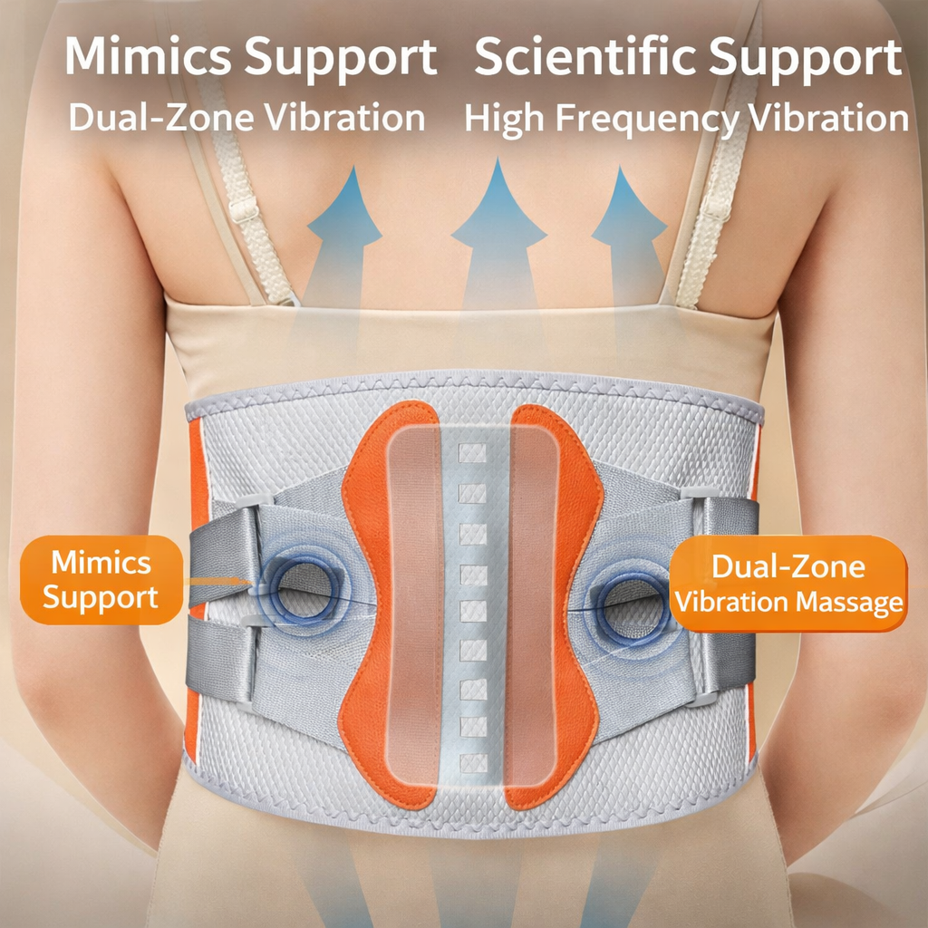 Back support belt with dual-zone vibration and high frequency vibration features on a neutral background.