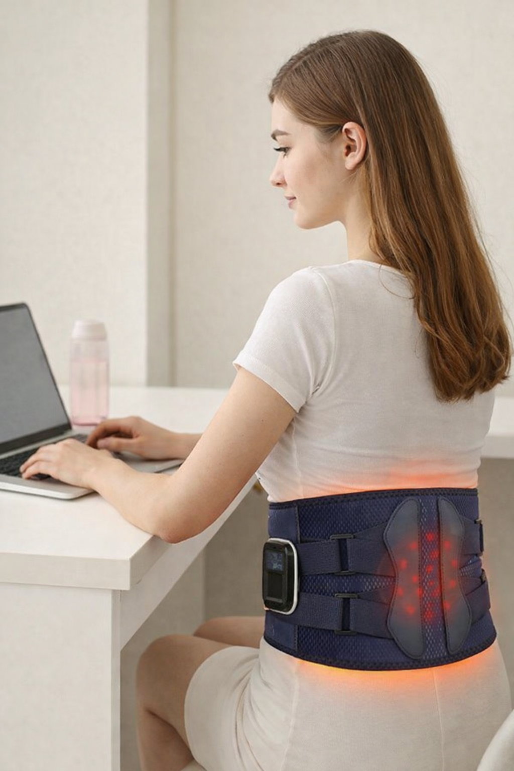 Woman wearing a back brace while using a laptop at a desk