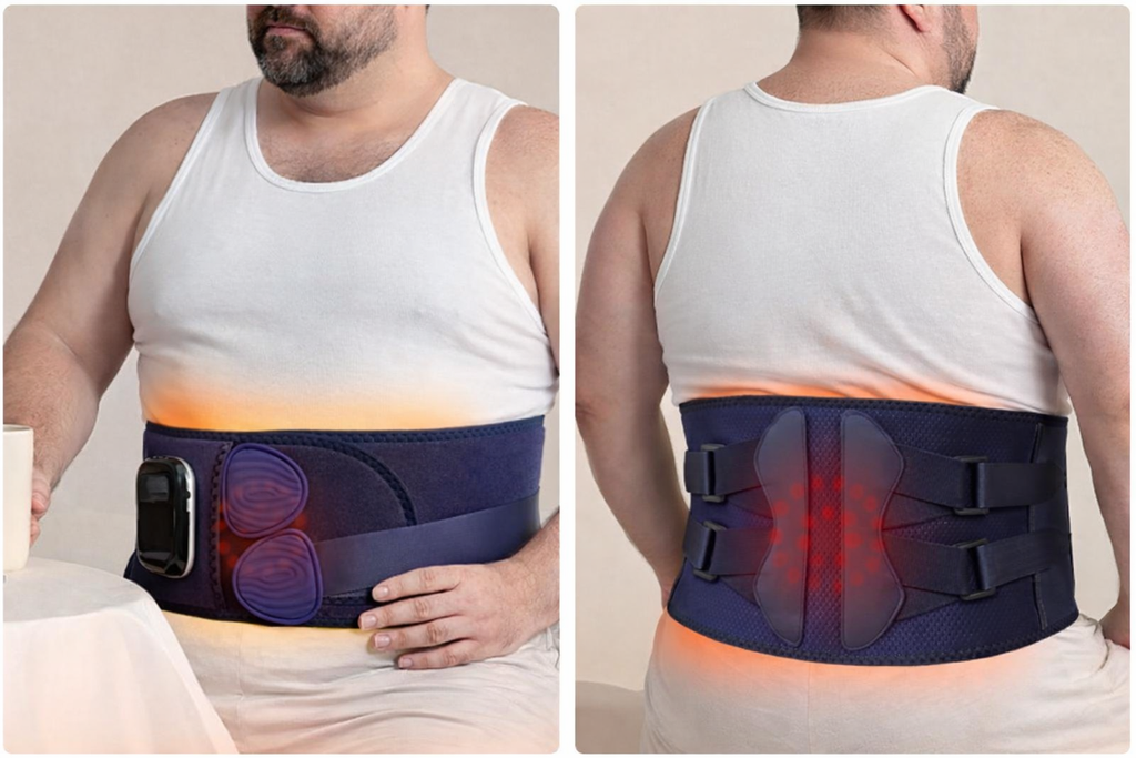 Man wearing a back brace with glowing elements on a plain background